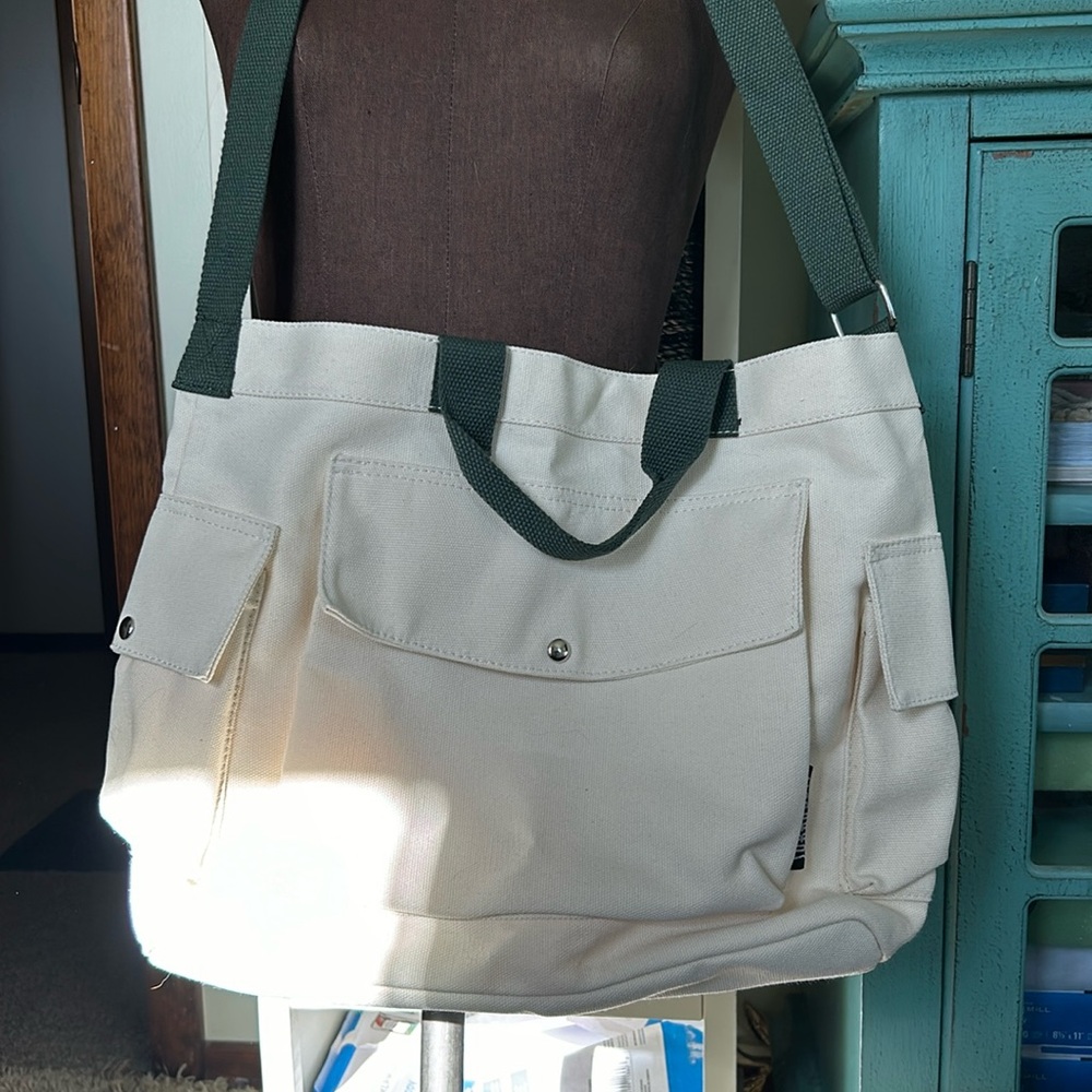 Basic canvas tote bag olive green cream